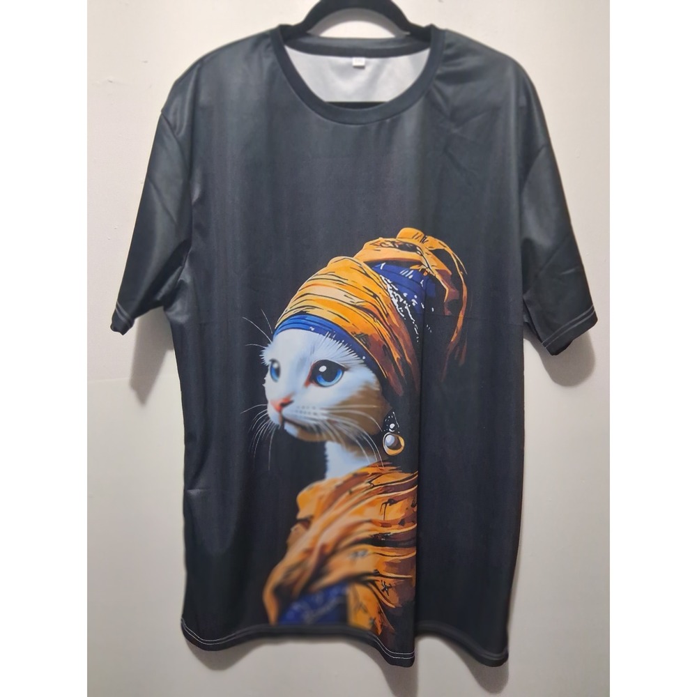 Cat with a Pearl Earring Graphic T-Shirt Black Art Parody Short Sleeve Tee